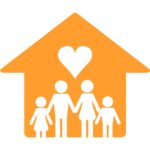 Orange graphic of the silhouette of a family stood in house