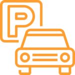 Orange graphic of a car next to a large 'P' parking symbol