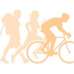 Orange graphic of three people. One walking with a rucksack, one running and the other cycling