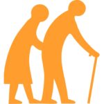 Orange graphic of two people walking stooped over, one has a cane