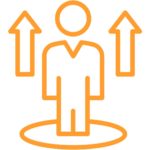 Orange graphic of person with upwards directional arrows around them