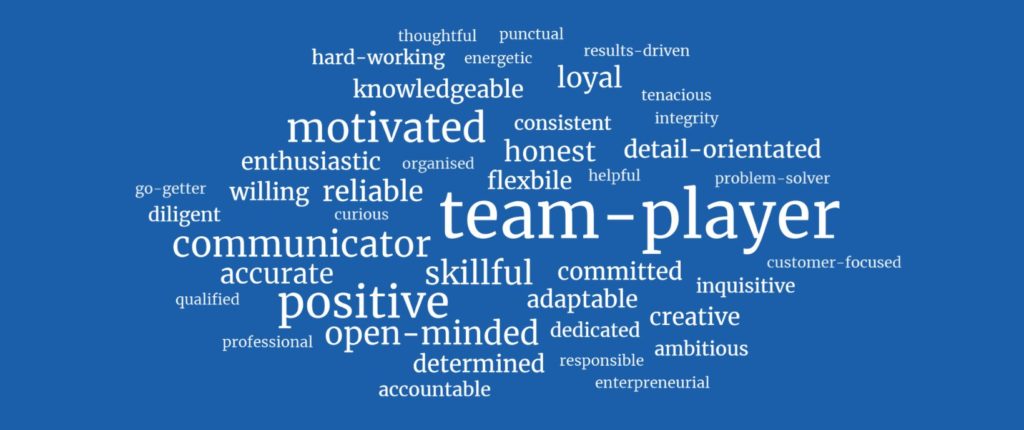 Word cloud containing: Team-player, communicator, positive and more
