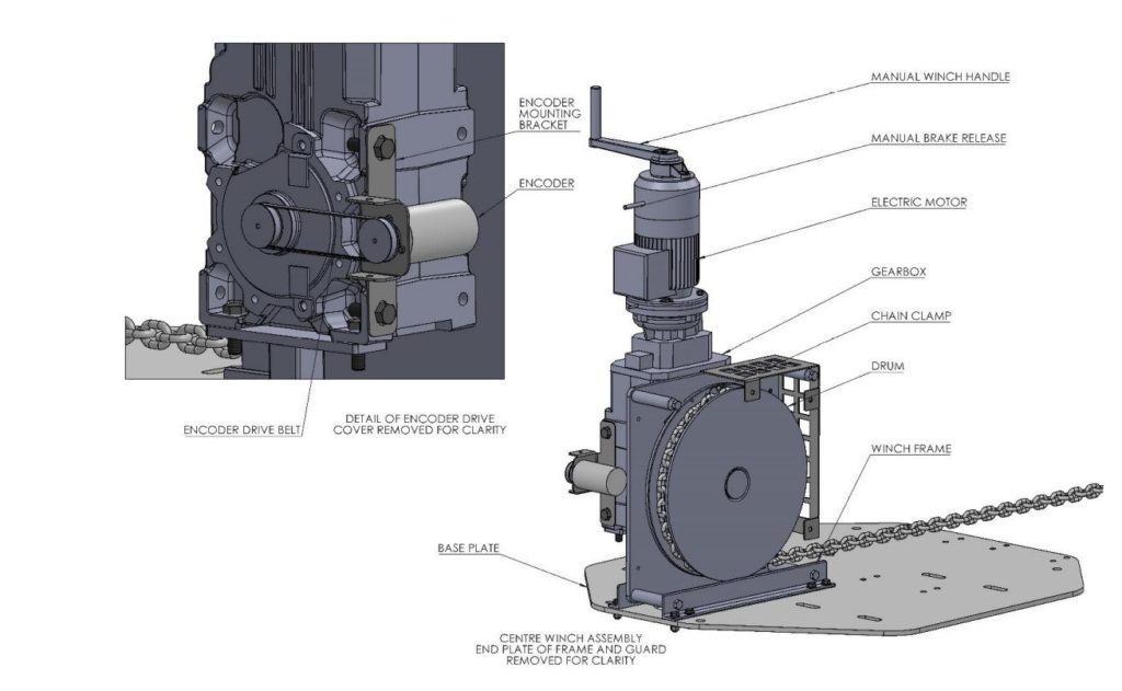 Technical drawing of the winch with each part labled