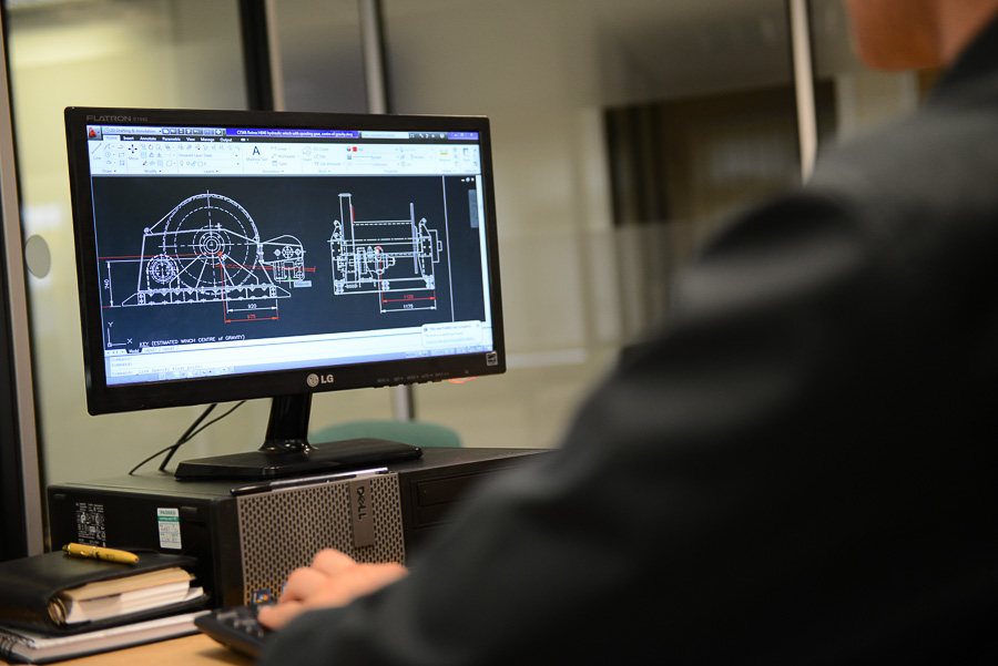 Technical drawings of a custom/bespoke winch being built displayed on a computer screen